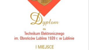 Dyplom za zajęcie 1 miejsca w rankingu technikum w 2021 roku w województwie Lubelskim