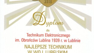 yplom za zajęcie 1 miejsca w rankingu technikum w 2019 roku w województwie Lubelskim