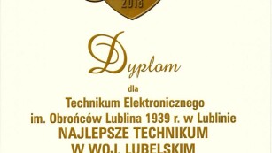 yplom za zajęcie 1 miejsca w rankingu technikum w 2018 roku w województwie Lubelskim