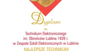 Dyplom za zajęcie 1 miejsca w rankingu technikum w 2020 roku w województwie Lubelskim