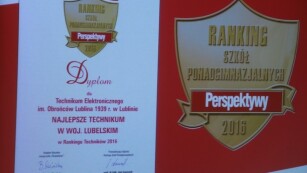 Dyplom za zajęcie 1 miejsca w rankingu technikum w 2016 roku w województwie Lubelskim